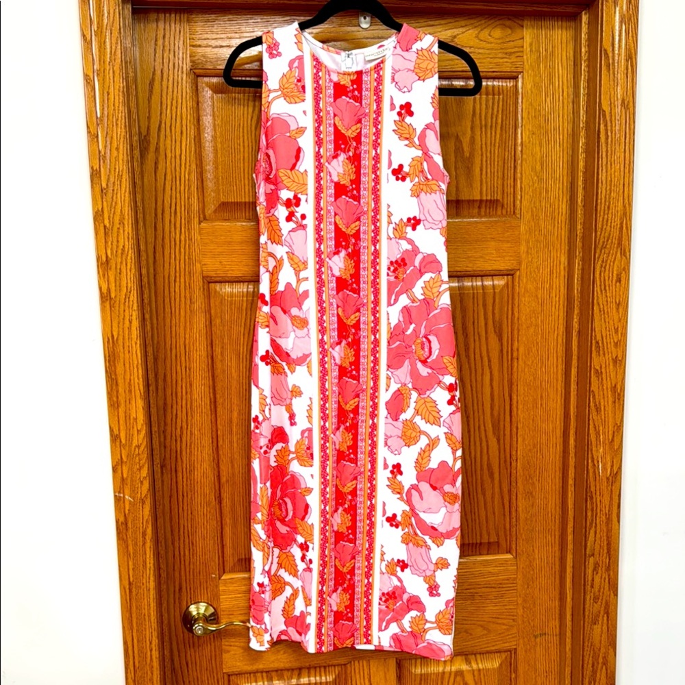 Eva Mendes Pink and Red Sheath Dress Resort Wear Midi